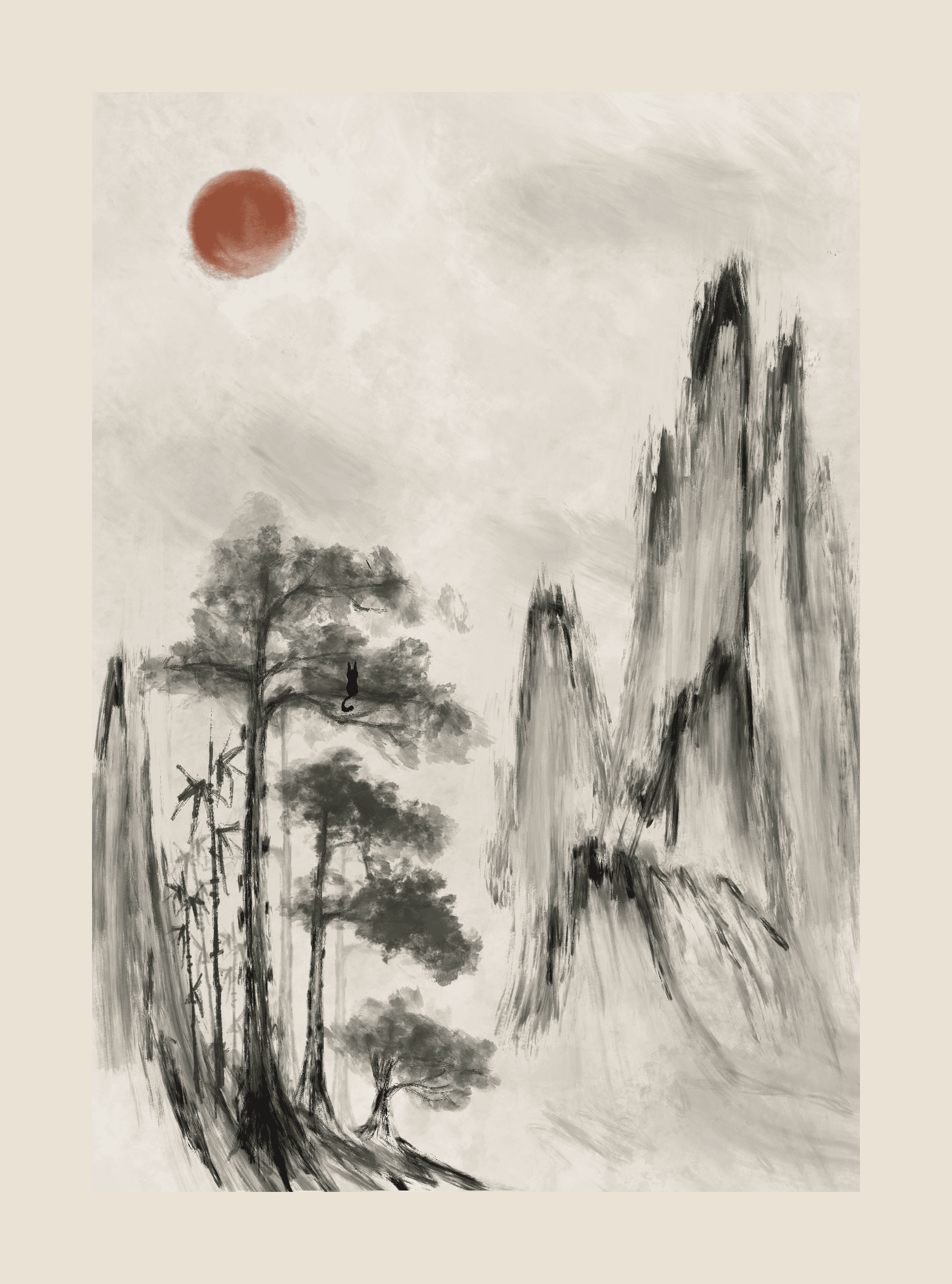 Final business-card illustration by Malissa Chen: misty mountains, muted green trees, a warm red sun, and Cha the black cat perched quietly in the branches, framed by a cream border.
