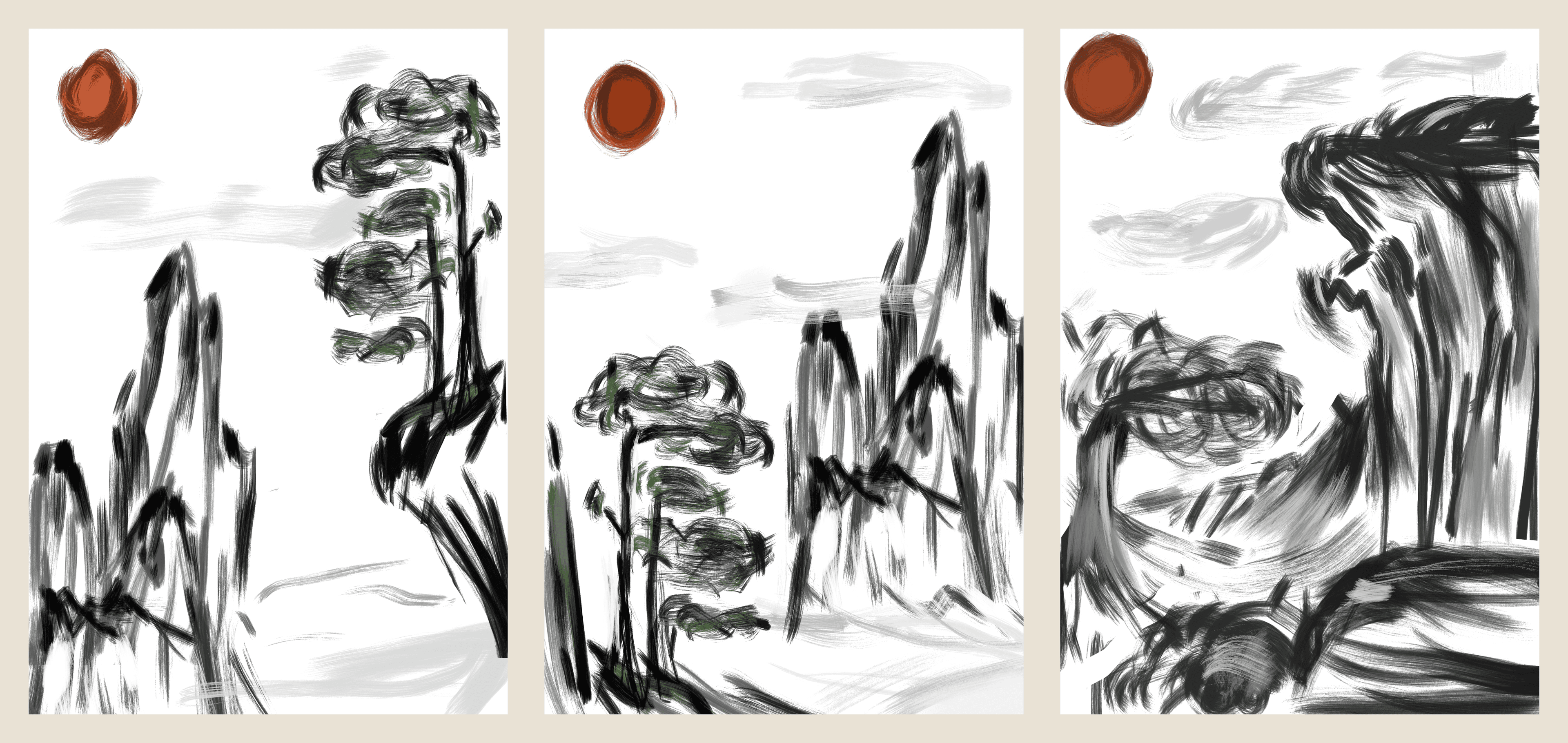 Three rough landscape sketches by Malissa Chen exploring the placement of tall mountains, windswept trees, clouds, and a red sun within a vertical business-card composition.