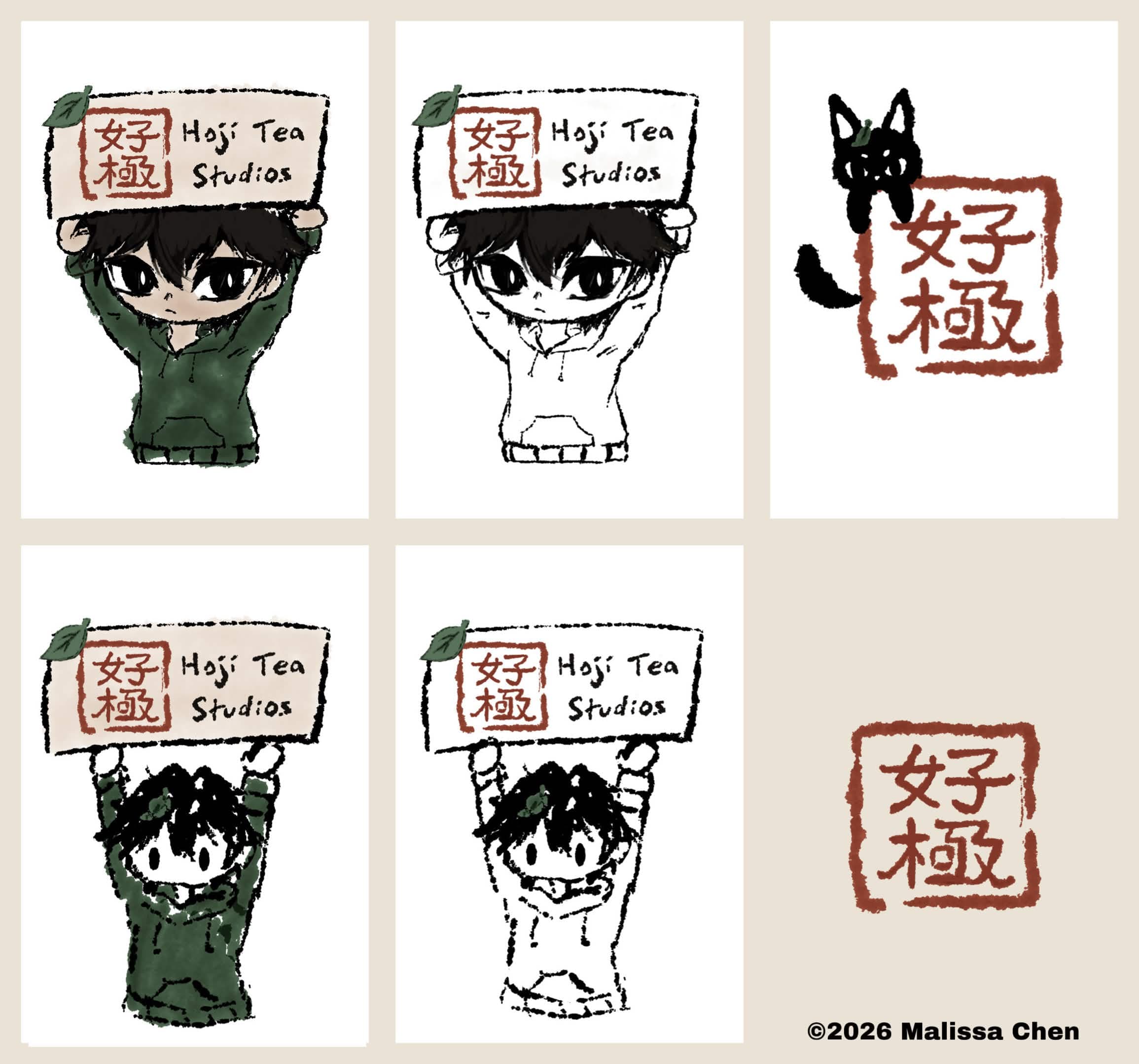 Hoji Tea Studios logo concept sheet by Malissa Chen, comparing alternate forms of the Hojicha spirit: Hoji holding a handwritten studio sign and Cha the black cat beside a red stamp mark.