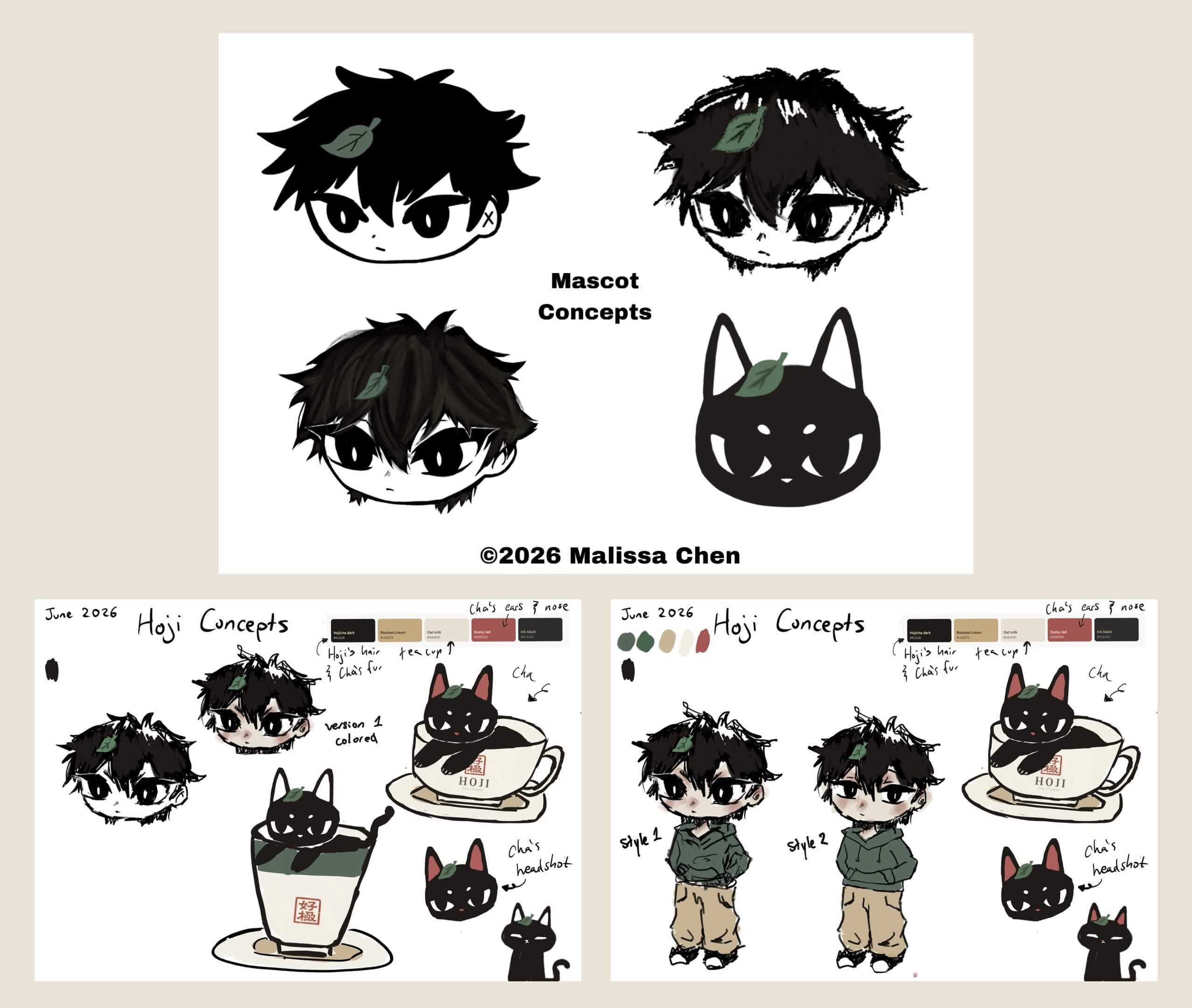 Hojicha concept sheet by Malissa Chen comparing the same spirit in boy form, Hoji, and black cat form, Cha, with sleepy eyes, tea leaf motifs, full-body studies, tea cups, and development notes.